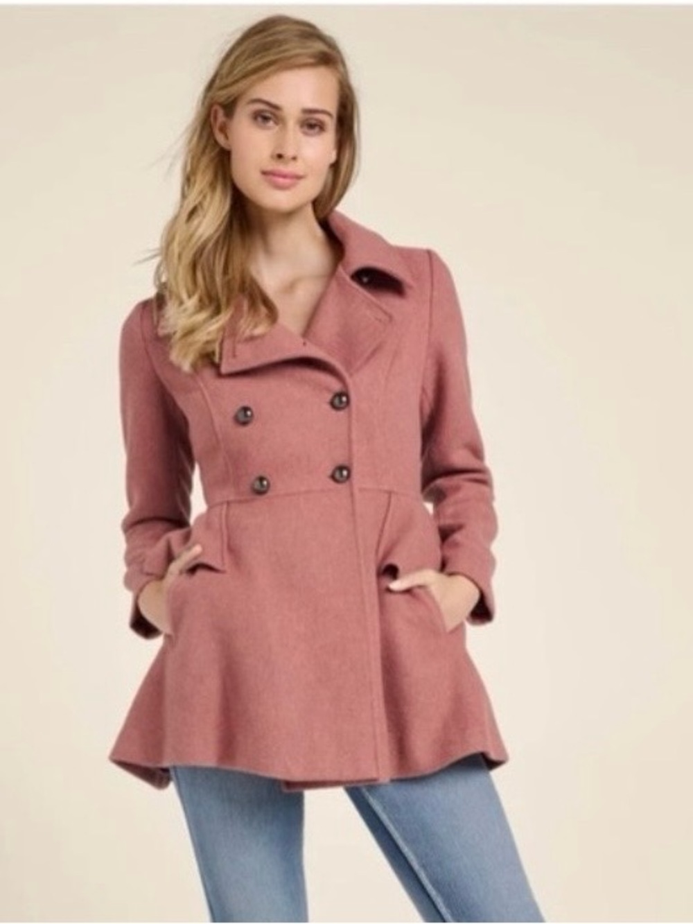 VENUS Rose Pink Double-Breasted Peplum Pea Coat. Size Small/Medium